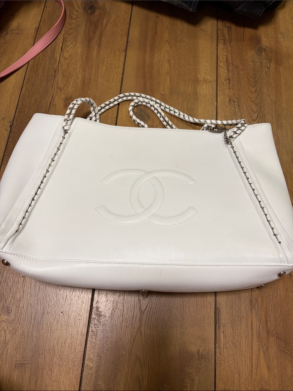 CHANEL White Leather Tote Bag